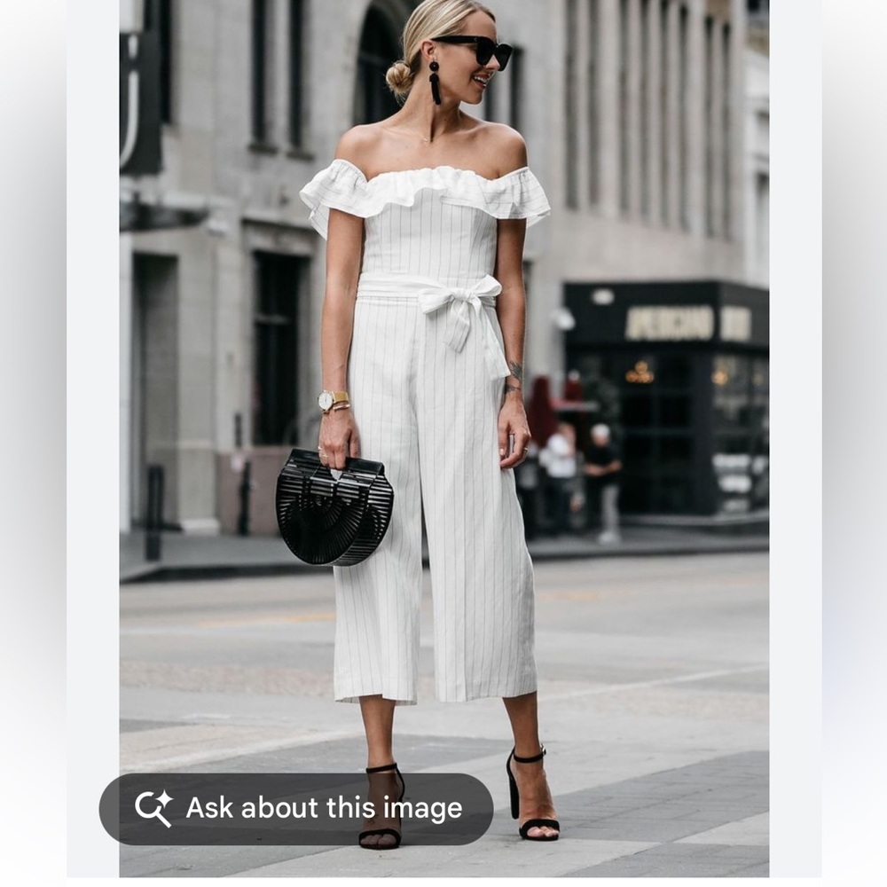 Club Monaco Naveah Jumpsuit, White Stripe Off Shoulders MP $289